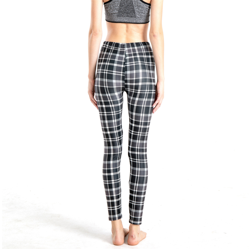 Leggings sportivi elastici a nove punti con stampa scozzese a righe alla moda da donna_voghion.com