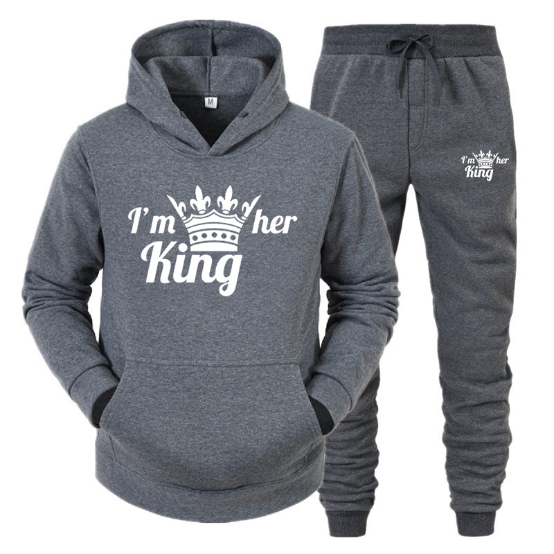 Set da donna con cappuccio KING QUEEN per coppie maschili e femminili, tuta sportiva casual, set di due pezzi_voghion.com