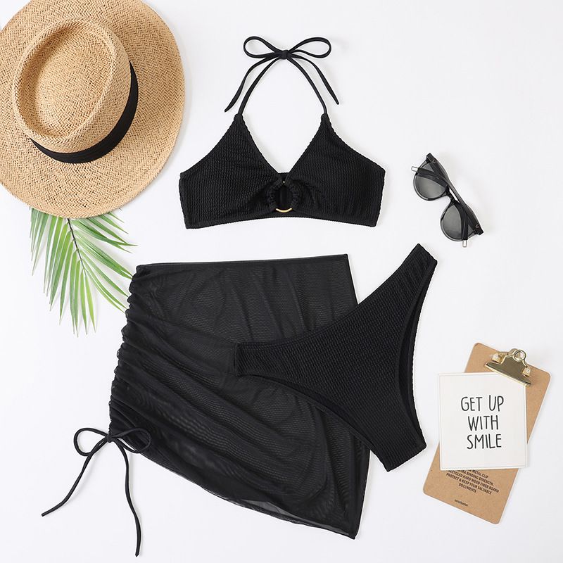Women's Clothing Spring And Summer New Women's Swimsuit Slim Fit Pure Color Sexy Fashion Hanging Neck Three Piece Set_voghion.com