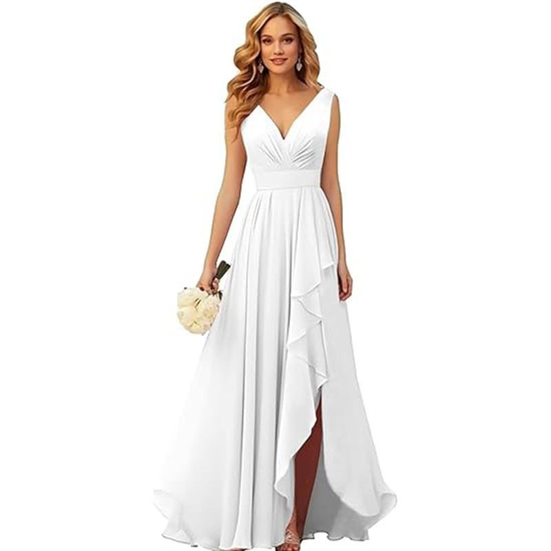 Abito da sera in tessuto di chiffon, nuovo abito lungo da ballo con scollo a V e spacchi plissettati_voghion.com