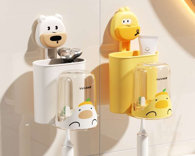 Estante de almacenamiento para cepillos de dientes con ventosa de dibujos animados, soporte para vaso de pasta de dientes de pared sin perforaciones, enjuague bucal infantil para baño_voghion.com
