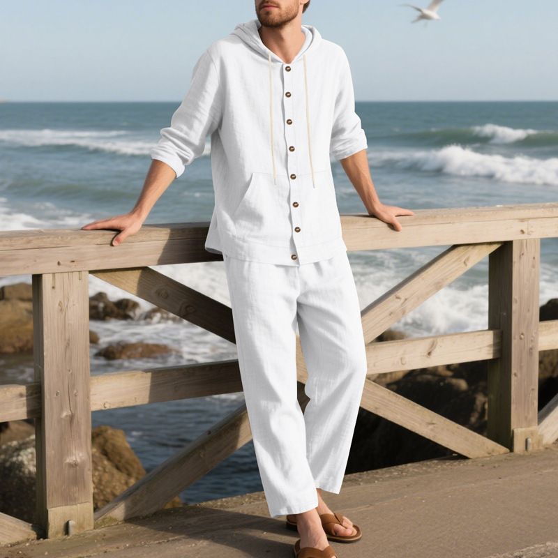Men's Linen Hooded Shirt & Long Pants Set - Relaxed Fit, Breathable Fabric, Casual Beachwear For Spring & Summer_voghion.com