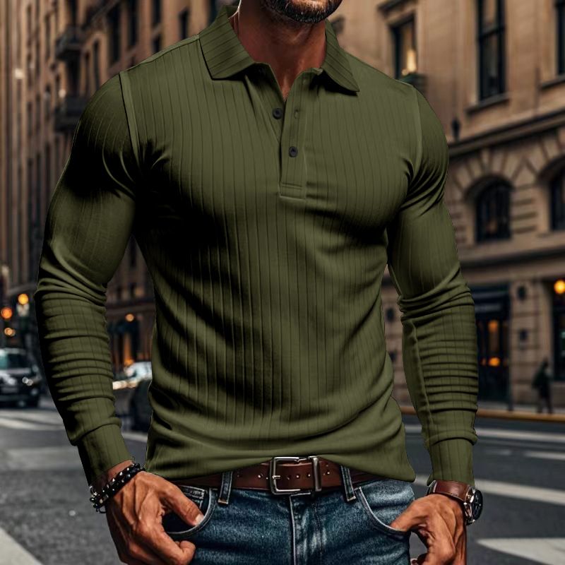 Herren-T-Shirt mit gerippter Struktur, lässiges Revers-Button-Down-Slim-Fit-Langarm-Poloshirt für Männer_voghion.com