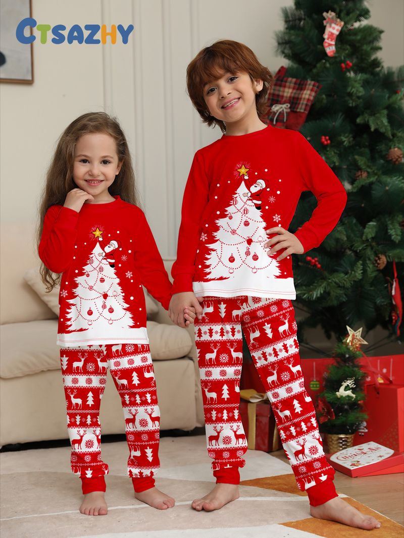 Christmas Red Parent Child Outfit For A Family Of Three Or Four, White Christmas Tree And Deer Print Home Clothes And Pajamas_voghion.com
