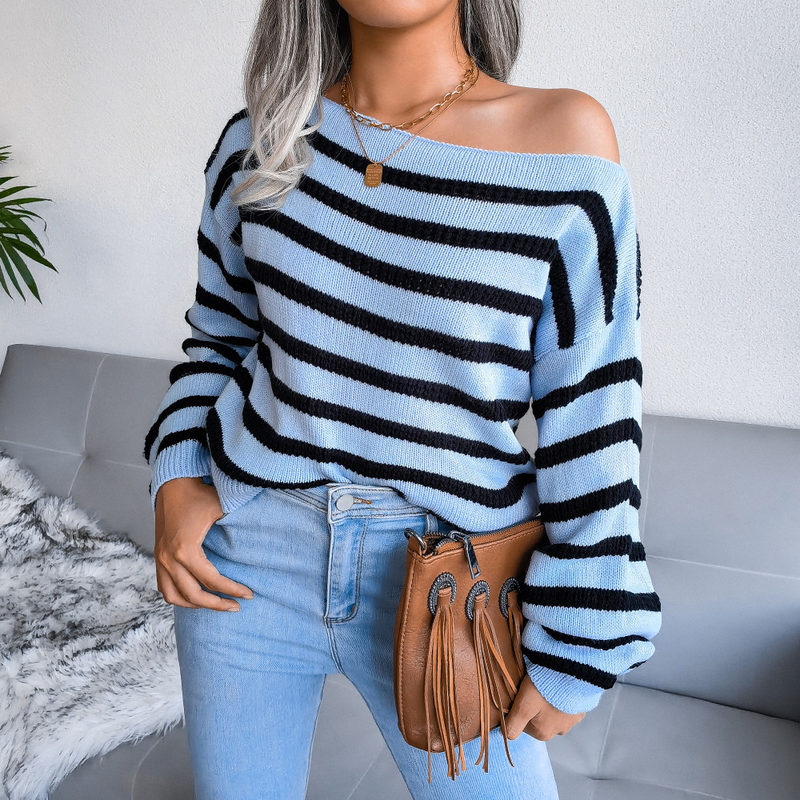 Autumn And Winter Off-Shoulder Casual Loose Striped Knitted Sweater Women's Fashion_voghion.com