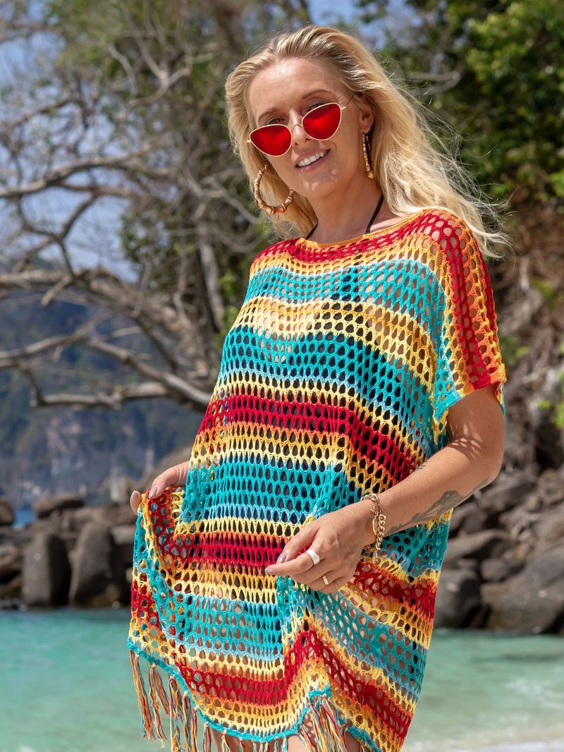 Women's Crochet Fringe Beach Cover Up Short Kimono Bikini Wrap Swimwear Sheer Summer Vacation Boho Chic_voghion.com