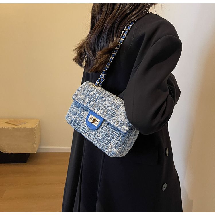 Borsa a tracolla casual in denim da donna con piccola borsa quadrata a tracolla con catena a reticolo di diamanti_voghion.com