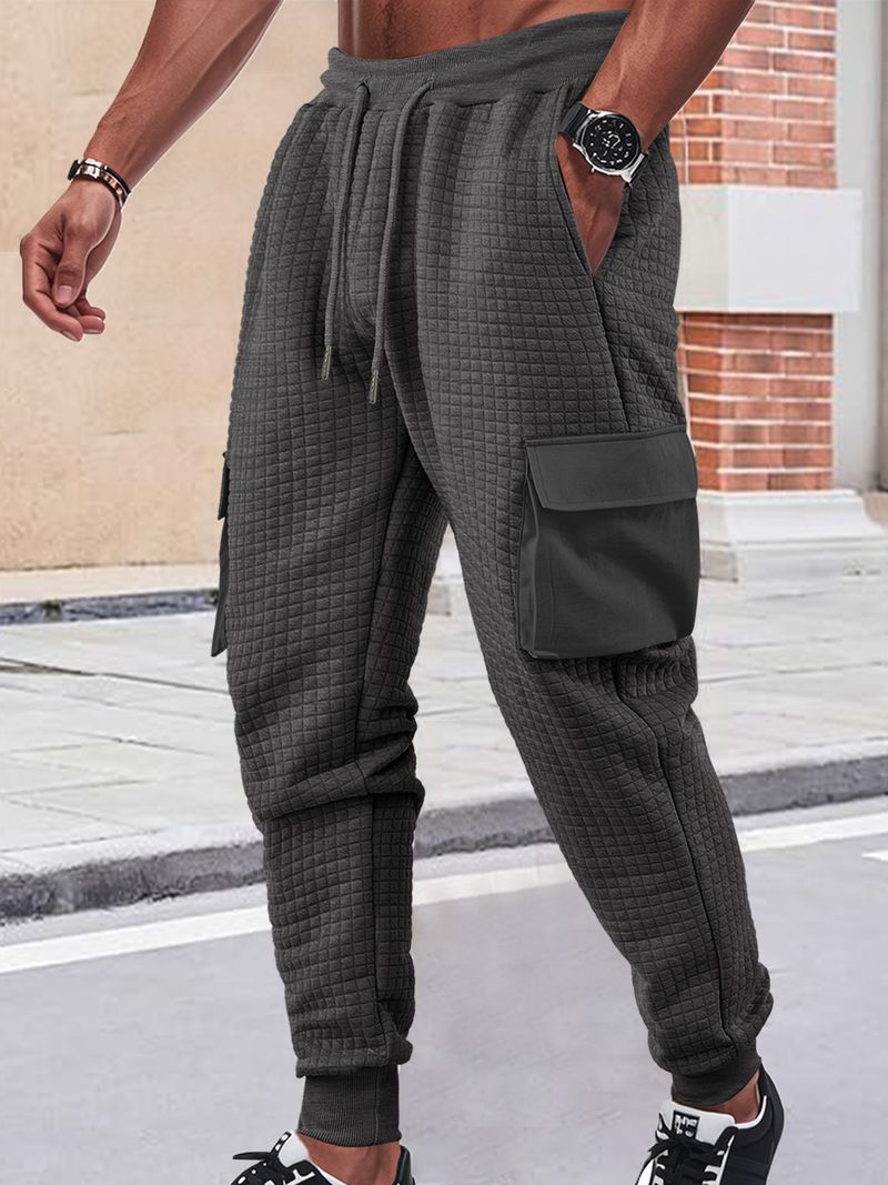 Men's Spring And Autumn New Thickened Multi-Pocket Jacquard Checkered Casual Cargo Pants_voghion.com