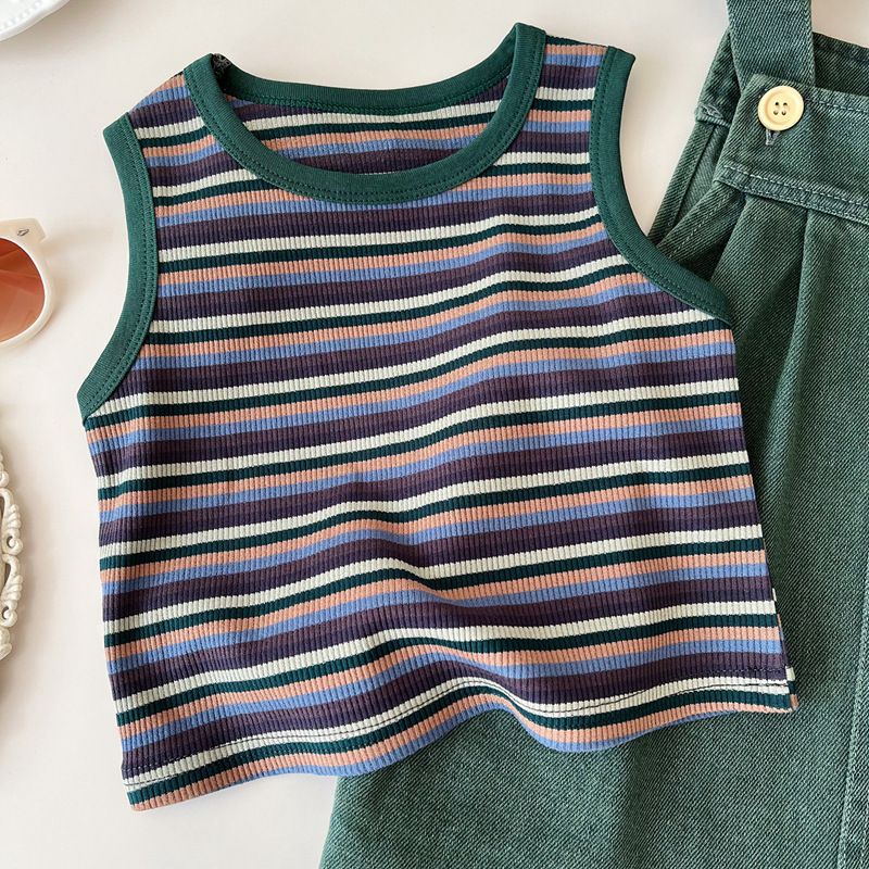 Kinderkleidung Jeansanzug Jungen und Mädchen Gestreifter T-Overall Zweiteiliger Anzug_voghion.com