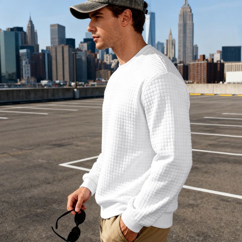 Felpa casual da uomo in poliestere spesso con scollo rotondo, maniche lunghe e motivo jacquard, vestibilità comoda per primavera e autunno._voghion.com