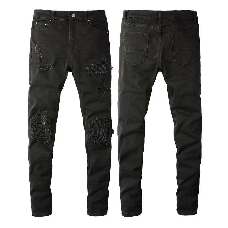 Jeans neri alla moda da uomo, strappati e rattoppati, pantaloni skinny elasticizzati slim fit_voghion.com