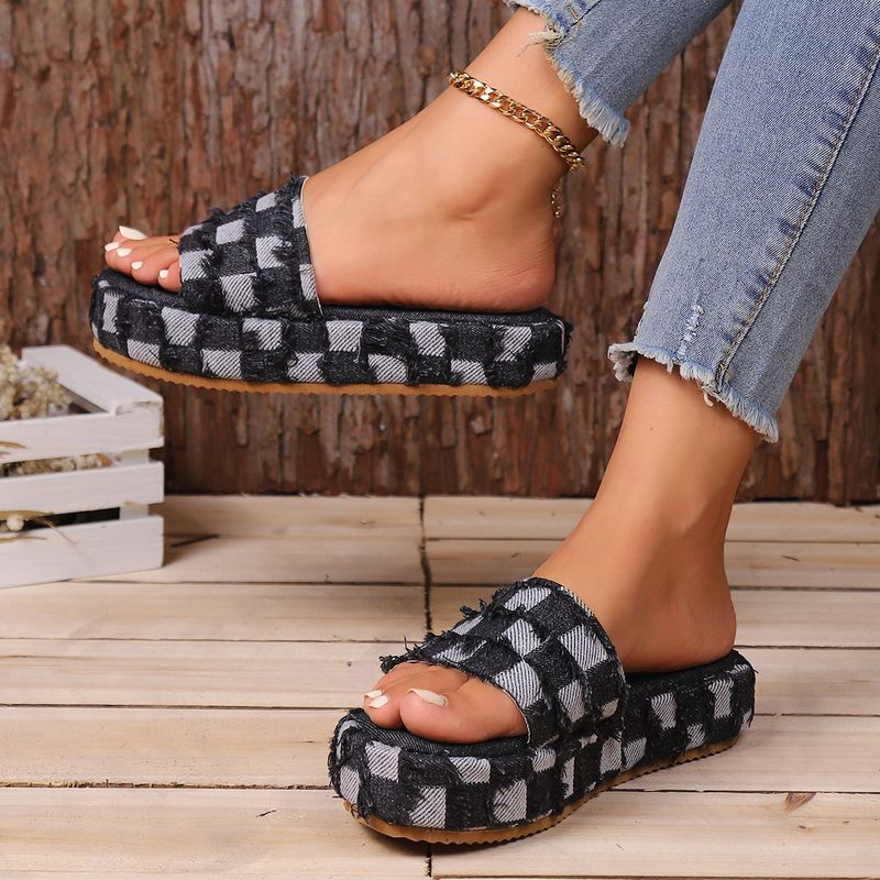 Plus-Size-Slipper mit wolligem lässigem Denim-Plaid-Fransen-Plateau-Slipper Lady_voghion.com