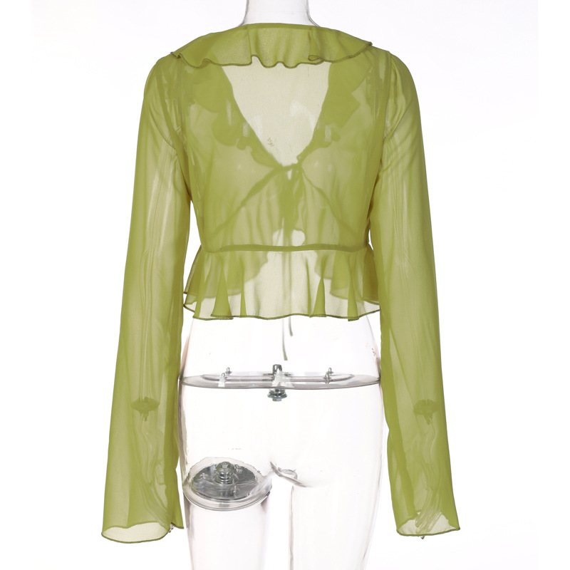 2023 Sommer-heißer Verkauf New Wood Ear Schnürung mit tiefem V-Ausschnitt Langarm Transparent Top Damenbekleidung_voghion.com