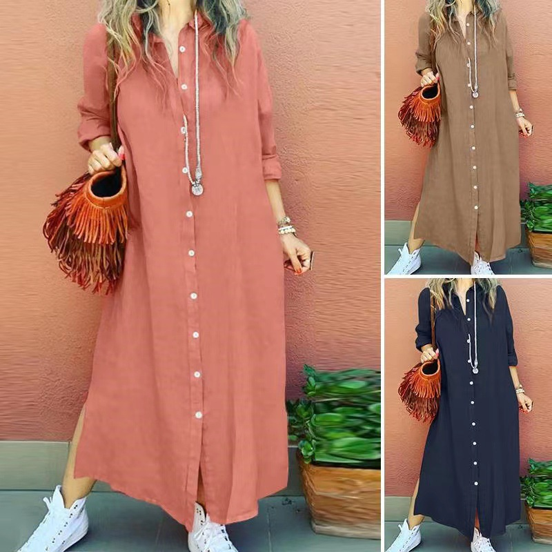 Damen-Cardigan-Kleid mit kontrastfarbener Schnalle, einfarbigem Revers, langen Ärmeln und lockerer Passform_voghion.com