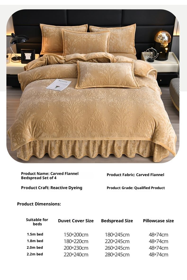 Copripiumino invernale in velluto di latte spesso imbottito in cotone, set da quattro pezzi, stile principessa, in pizzo, in velluto double-face, in pizzo, in velluto corallo._voghion.com