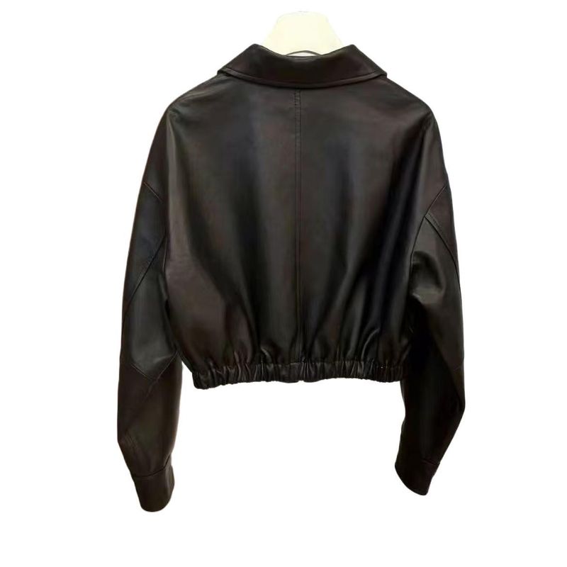 Veste courte en cuir noir souple pour femme, col carré, design unique, style moto, fermeture éclair_voghion.com