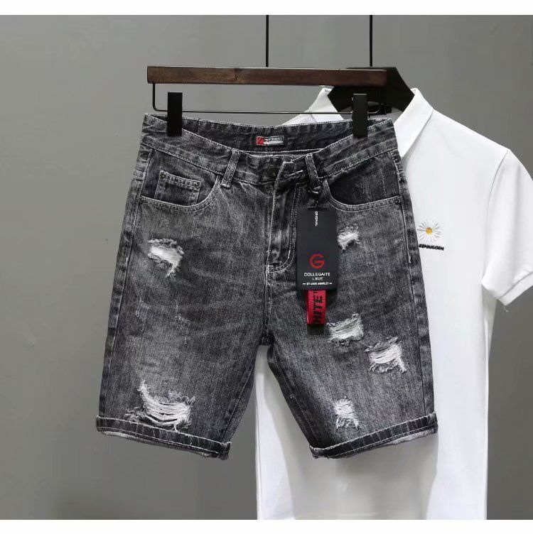 Short en denim perforé, capris en détresse de marque d'été, pantalon de mendiant personnalisé, pantalon polyvalent pour hommes à la mode_voghion.com