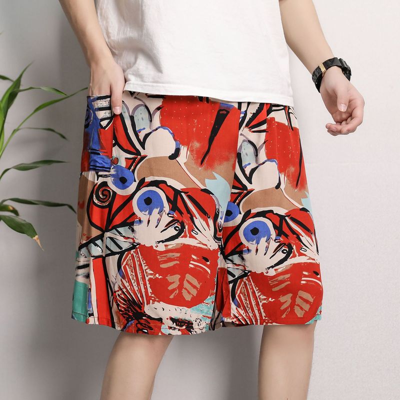 Men's Sleep Cotton silk pajama pants men's thin plus-size casual breathable flower pants five quarter pants_voghion.com