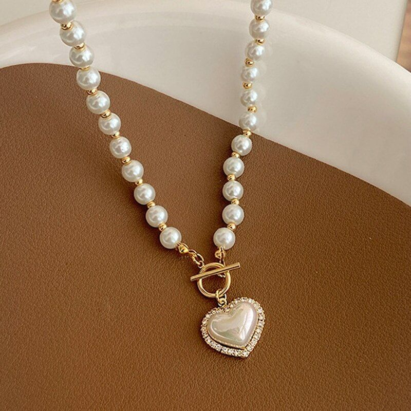 Valkoinen jäljitelmähelmi helmi naisten kristalli kivi sydän riipus söpö tyttö korut kaulakoru Collier Femme_voghion.com