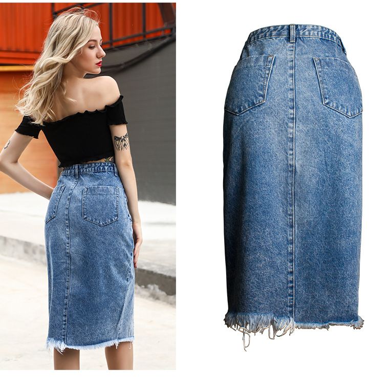 Damenkleid. Damenrock, Rock mit Pelzkante, geteilter Hüft-Wickel-Jeansrock mit unregelmäßigen Fransen, hoher Taillenrock, geteilt, mittellang_voghion.com