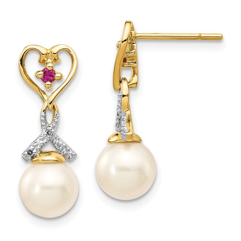 14k 7-8mm FWC Pearl Created Ruby Diamond Heart Dangle Earrings_voghion.com