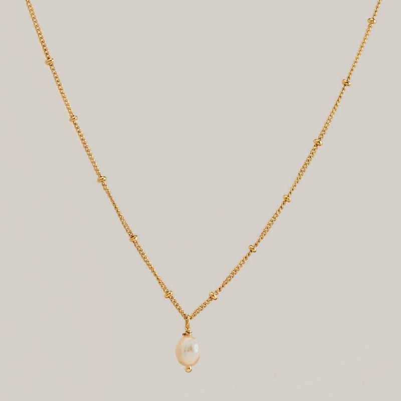 Collana con ciondolo in perla naturale a catena semplice in acciaio inossidabile color oro fresco INS, resistente allo sbiadimento_voghion.com