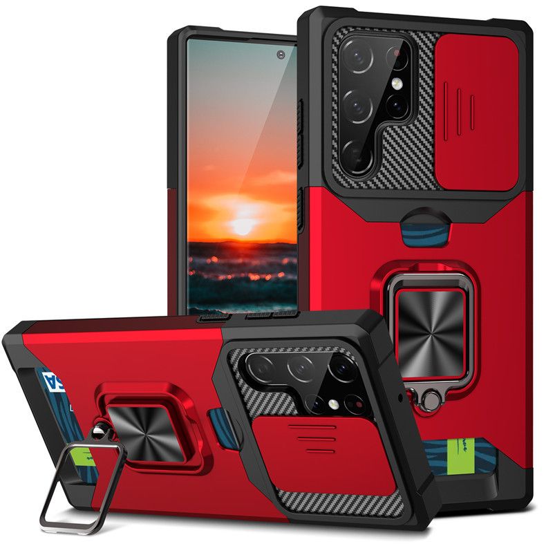 Phone Case card slot push window anti fall mobile phone case car ring bracket protective cover_voghion.com