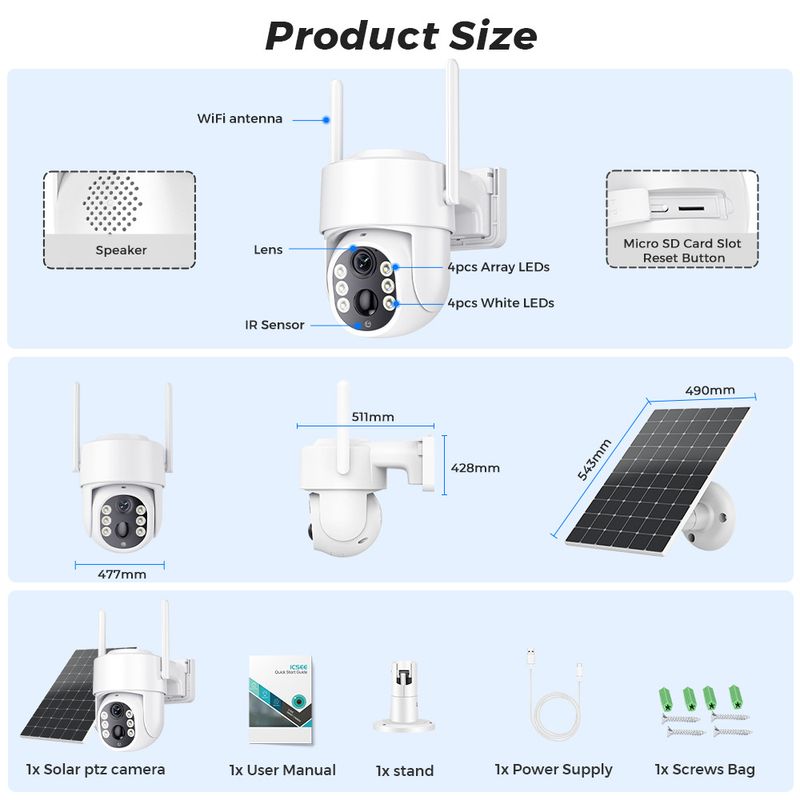 Solar Security Camera WiFi Outdoor - PTZ 360° View Low Power Consumption Rechargeable Battery Weatherproof Night Vision Motion Detection_voghion.com