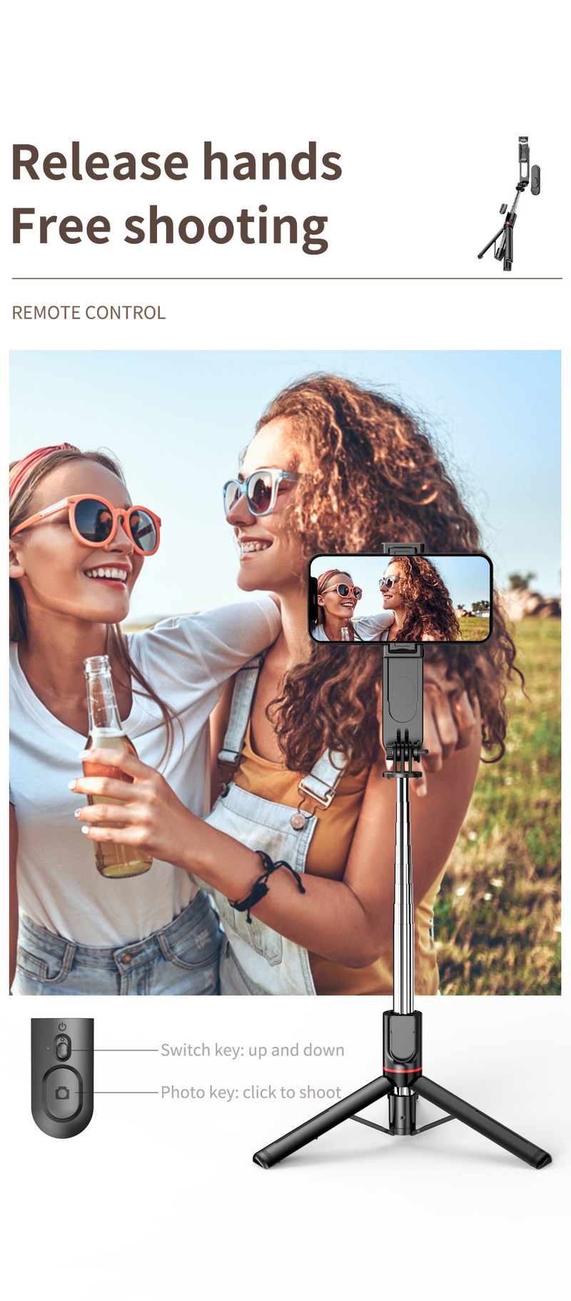 Palo para selfies estable con luz de relleno, trípode, palo para selfies retráctil de 44 pulgadas, con control remoto inalámbrico_voghion.com