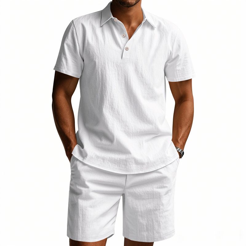 Ensemble polo et short de plage à manches courtes pour homme, style américain, ample, décontracté, respirant, en lin_voghion.com