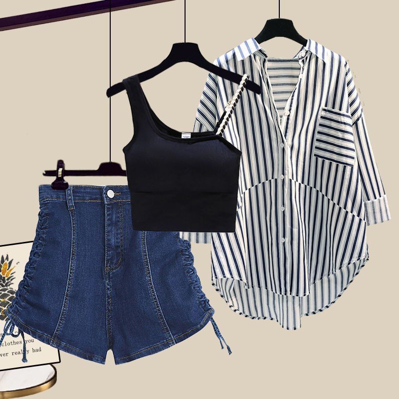 Damenbekleidung Sommeranzüge für Damen Neue große Damenbekleidung Hemd Top Hosenträger mit Jeansshorts Dreiteiliger Anzug_voghion.com
