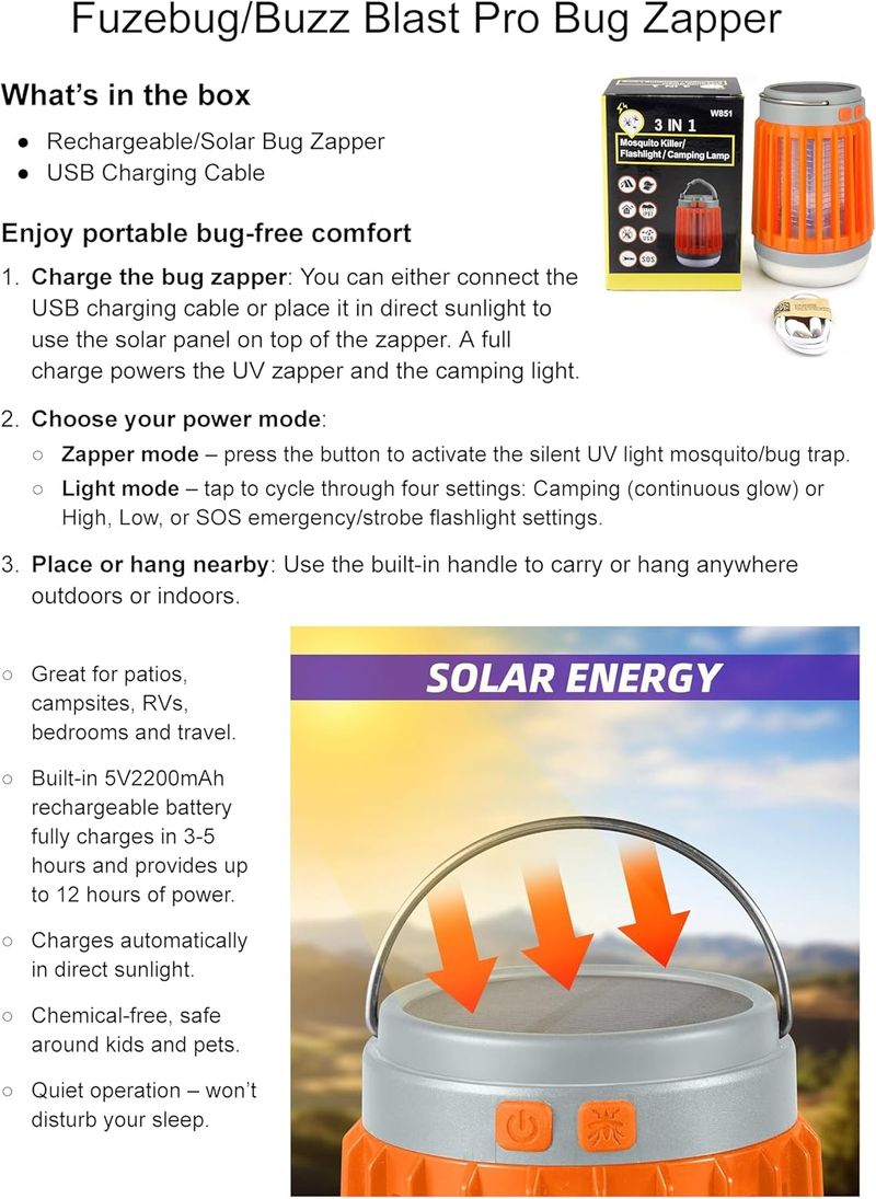 Solar Bug Zapper Pro | Outdoor Waterproof | Indoor Buzz Blast | Light Flasher_voghion.com