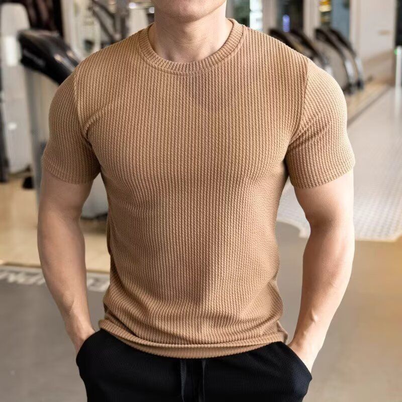 Men's Short-sleeved T-shirt Summer New Slim-fit Business Casual Fashion Versatile High-end Striped Crew Neck Bottoming Shirt_voghion.com