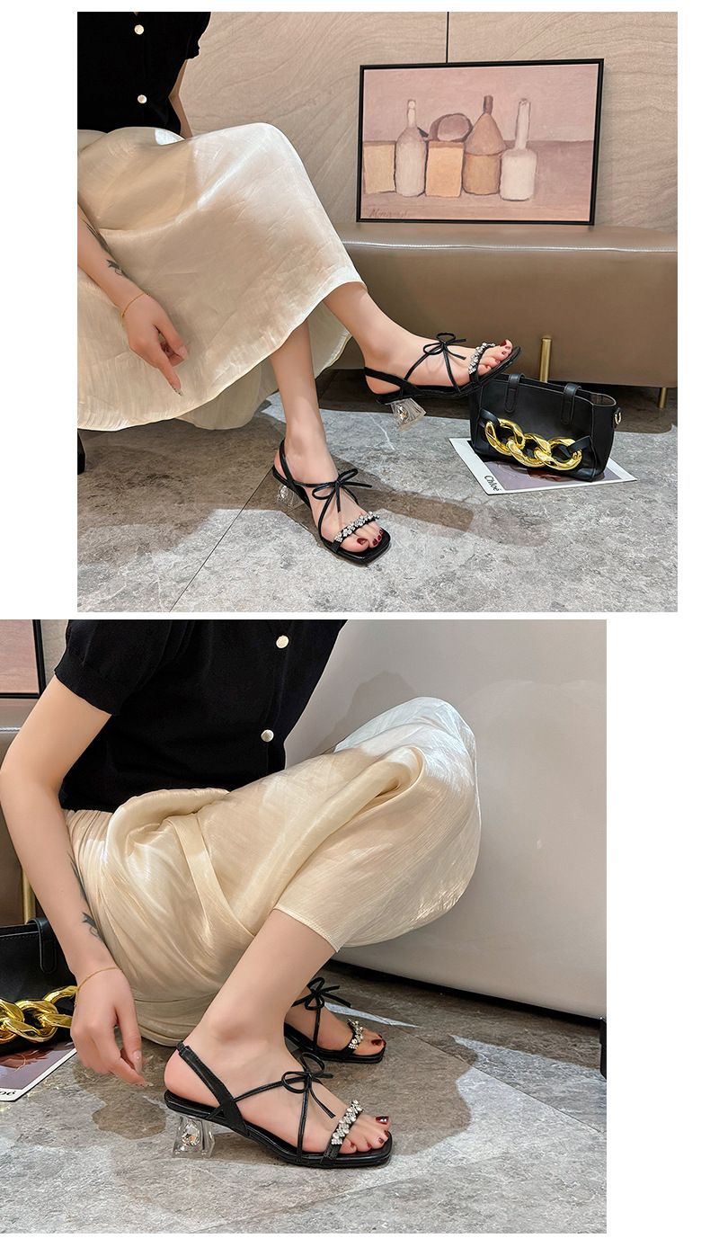 Sandali con tacco spesso e strass, stile fata con testa quadrata, stile 2025, con fiocco, da donna, estivi, con cinturino dritto,_voghion.com