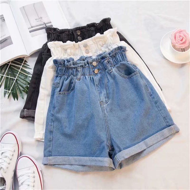 Abbigliamento da donna, vita alta, taglie forti, pantaloncini in denim elasticizzati, larghi, aderenti, con orlo arricciato, linea ad A, gamba larga_voghion.com
