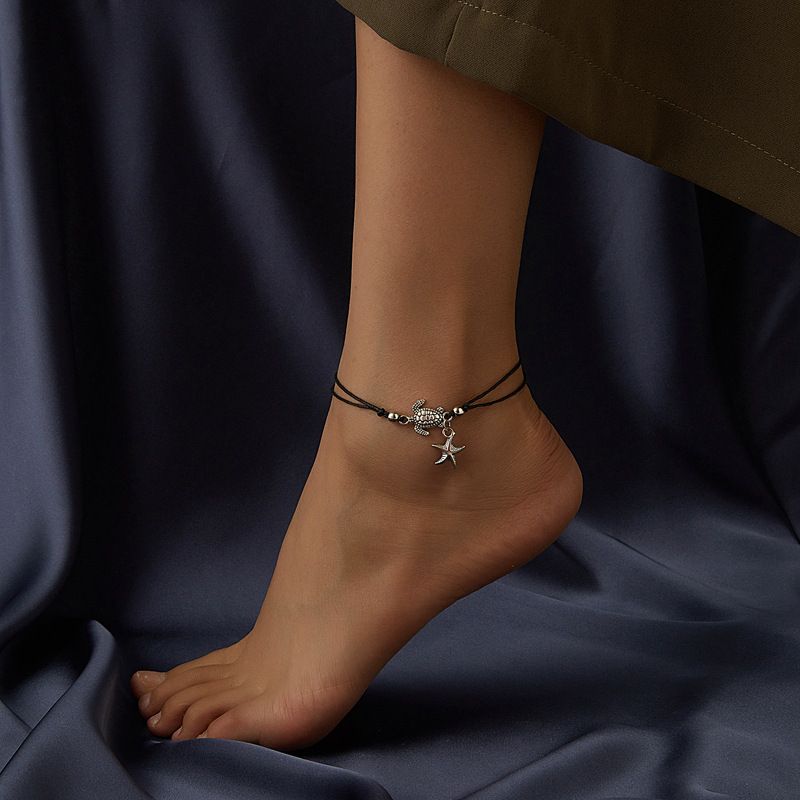 New Bohemian minimalist black line alloy turtle and starfish ankle chains_voghion.com