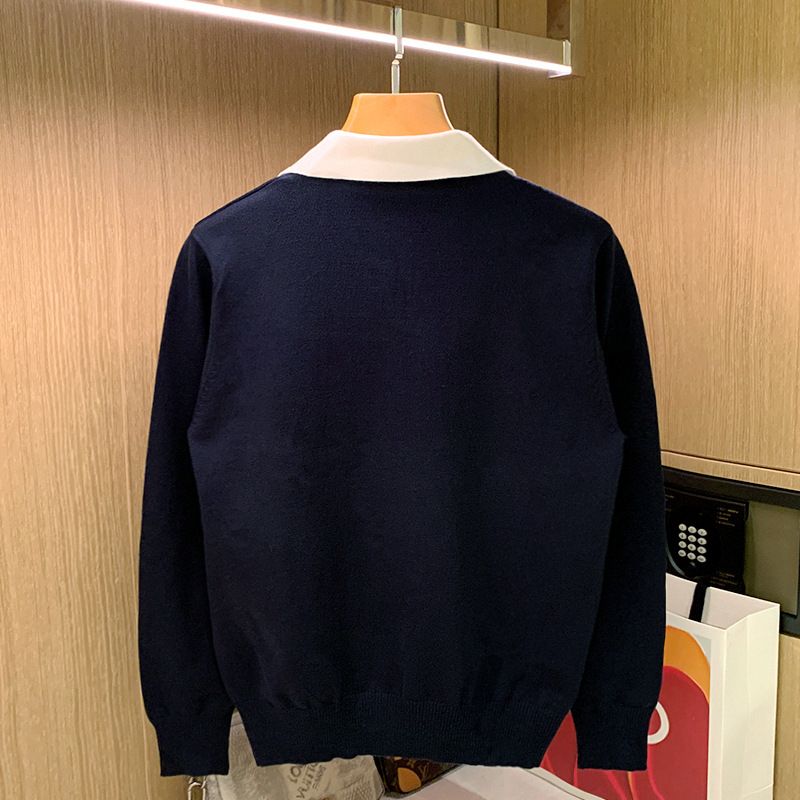 2025d Trendy Turn-down Knit Sweater Top Autumn Winter New Style Personality Color-block Collar Polo Shirt Men's Long Sleeve_voghion.com
