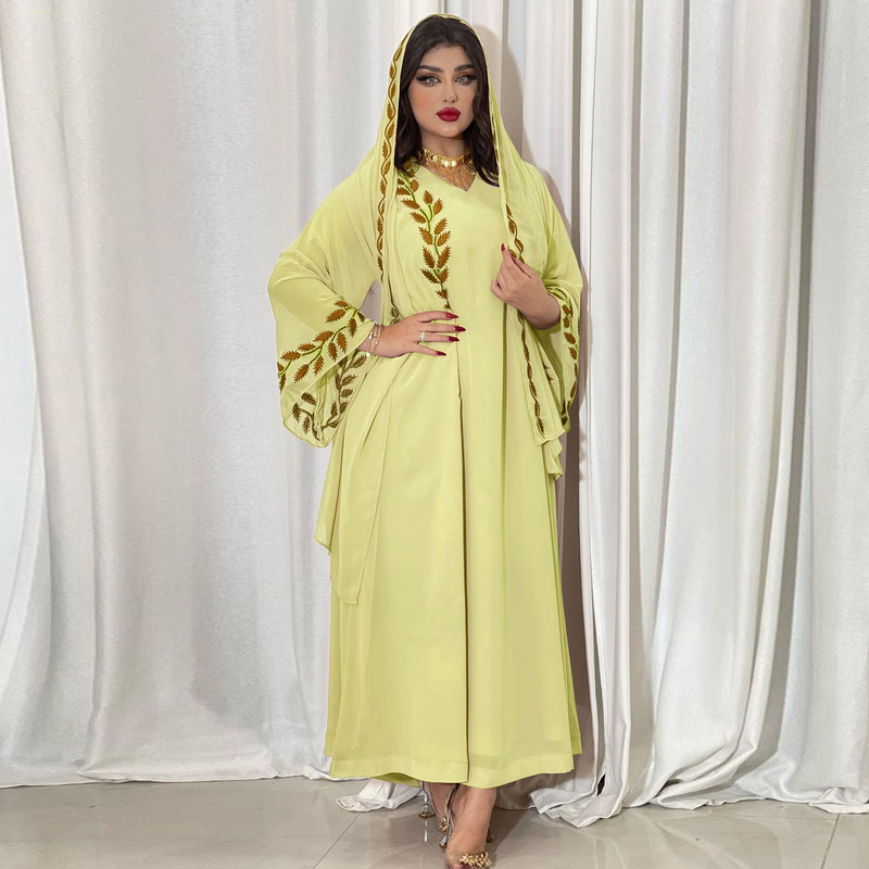 Damenmode Street Chiffon langes muslimisches besticktes rosafarbenes Rundhalskleid mit Hijab_voghion.com
