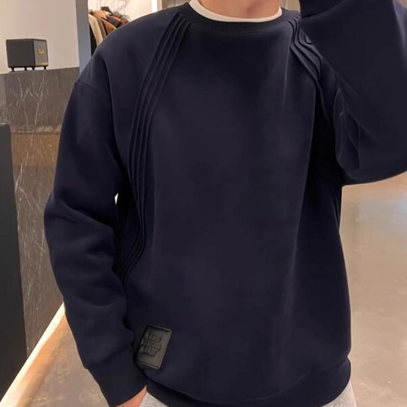 Spring and Autumn New Simple Splicing Casual Hoodie with Men's Line Design Versatile Round Neck Bottom Shirt Long Sleeve_voghion.com