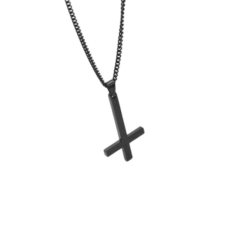 Collana con croce rovesciata nera da uomo, ciondolo in acciaio al titanio per donna, minimalista, placcato in oro bianco, accessori alla moda per uomo_voghion.com