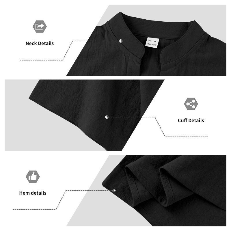 Camicia casual estiva da uomo, ampia, con colletto alto, abbottonata, in lino, a maniche corte, tinta unita, taglie forti_voghion.com
