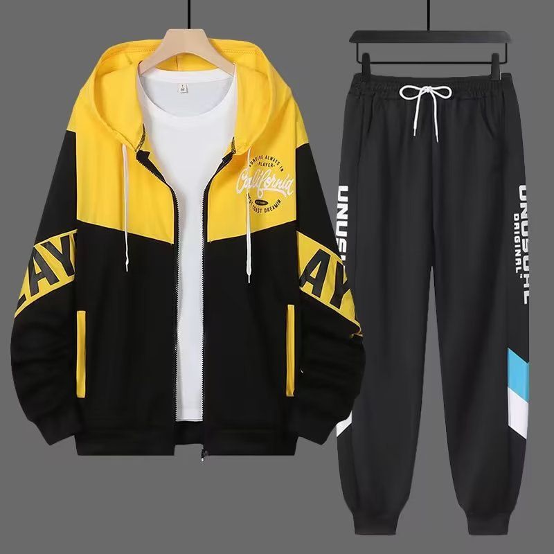 Herrenbekleidung Pulloveranzug für Jungen Frühling und Herbst neue trendige Marke Teenager hübscher trendiger lässiger Strickjacke mit Kapuze zweiteiliger Anzug_voghion.com