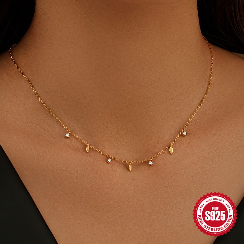 S Pure Silver Layered Four-Prog Ilaid Diamod Leaf Creative Persoality Clavicle Hot-Sellig Elegat Necklace For_voghion.com