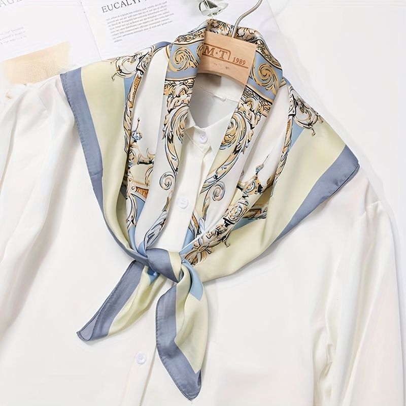 Romersk mønstret blomstermønster firkantet simuleret silketørklæde, elegant stil, solcreme hovedtørklæde til kvinder_voghion.com