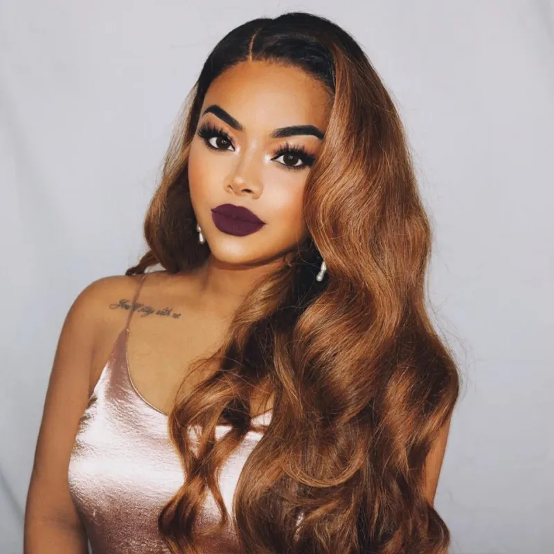 Peluca de cabello humano ombré 1B/27 en oferta con ondas corporales, encaje frontal HD para mujer, rubio miel, sin pegamento, 13 x 4_voghion.com