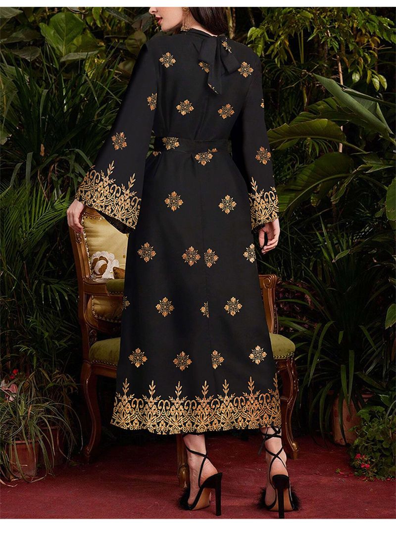 Damenbekleidung Mode Schwarz Bedrucktes Langarmkleid Für Frauen Langes Frühlings- Und Herbsttaillentemperament Schlank Bis Knöchellanges Kleid_voghion.com