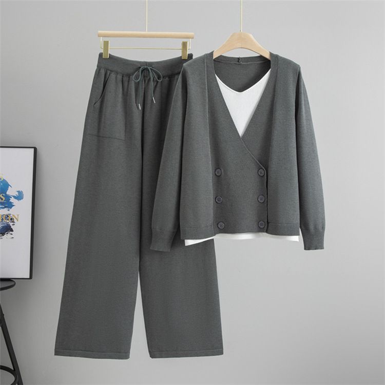 Set van gebreide trui en wijde broek voor dames – oversized vest en broek met hoge taille – kleurgeblokte combinatie van kantoor en weekend (kaki/zwart/grijs)_voghion.com