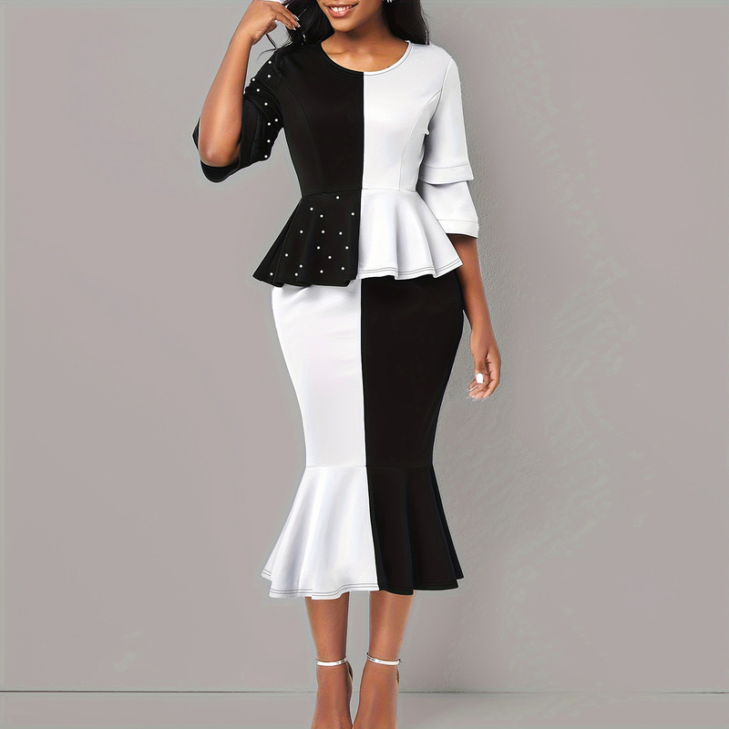 black and white contrasting color stitching beaded top fishtail skirt plus size suit_voghion.com