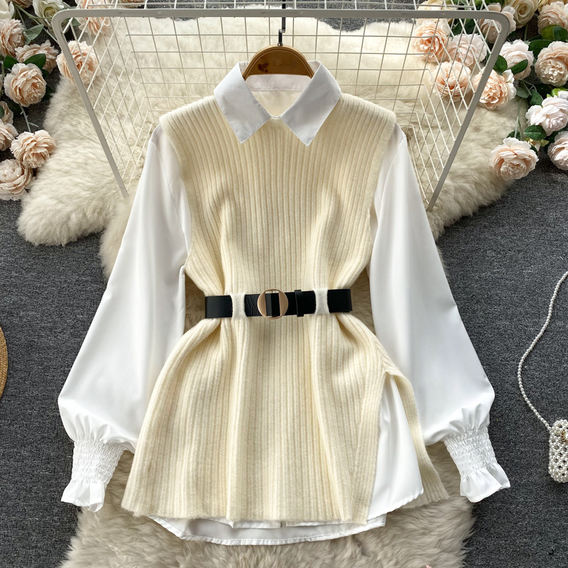 Set de două piese pentru femei, cămașă albă cu mâneci lungi și vestă din tricot despicat_voghion.com