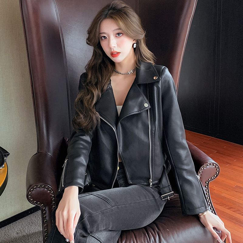 Veste courte noire en cuir PU de style américain pour femme, nouveau design printemps-automne 2024_voghion.com